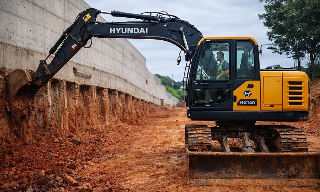 Escavadeira Hyundai HX140 executando corte de talude em terreno de solo vermelho