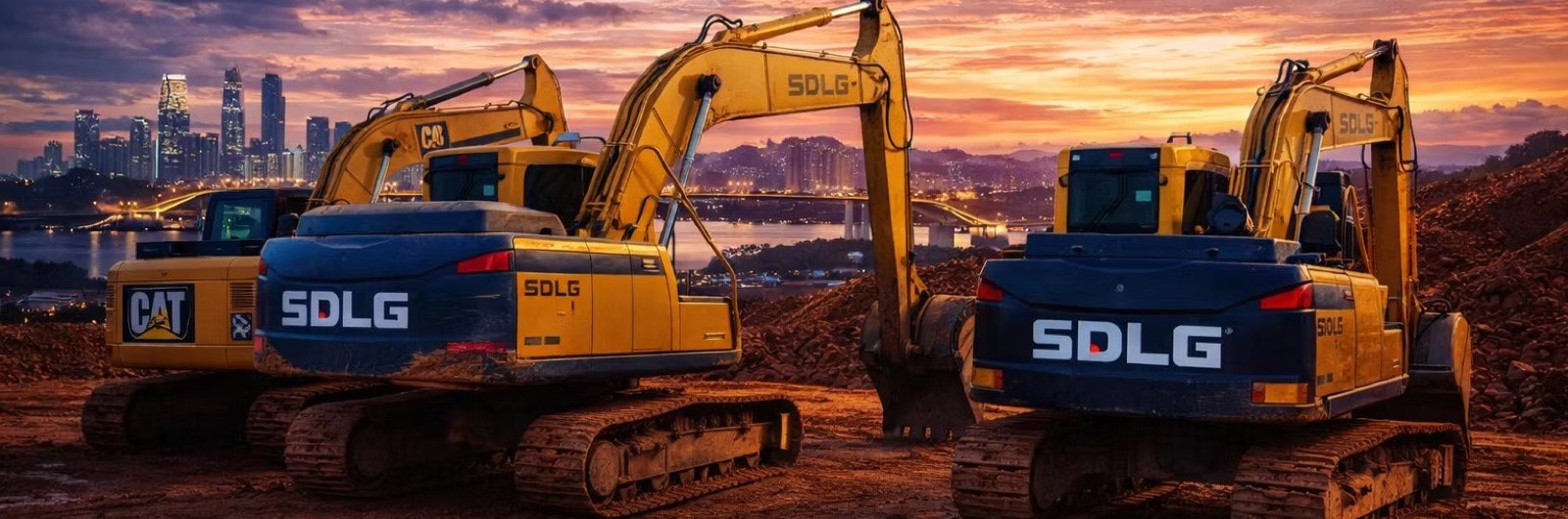 Escavadeiras SDLG e Caterpillar em obra de terraplanagem ao entardecer