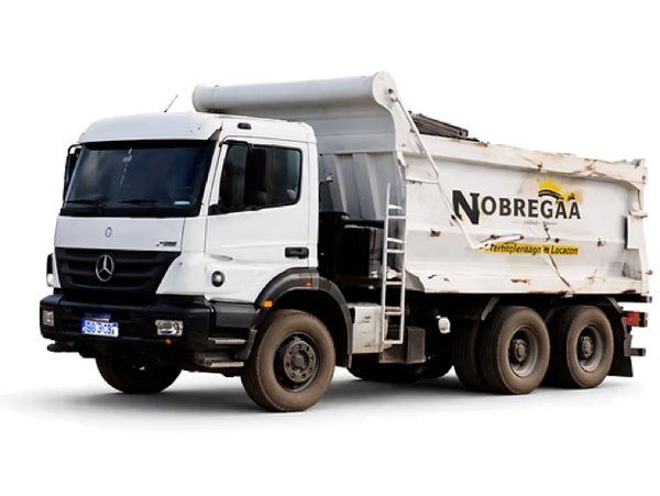 Caminhão basculante Mercedes-Benz branco com caçamba Nobregaa Terraplanagem