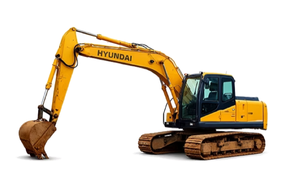 Escavadeira hidráulica Hyundai de esteira, amarela, com lança e caçamba