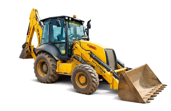 Retroescavadeira New Holland amarela com concha frontal e braço traseiro