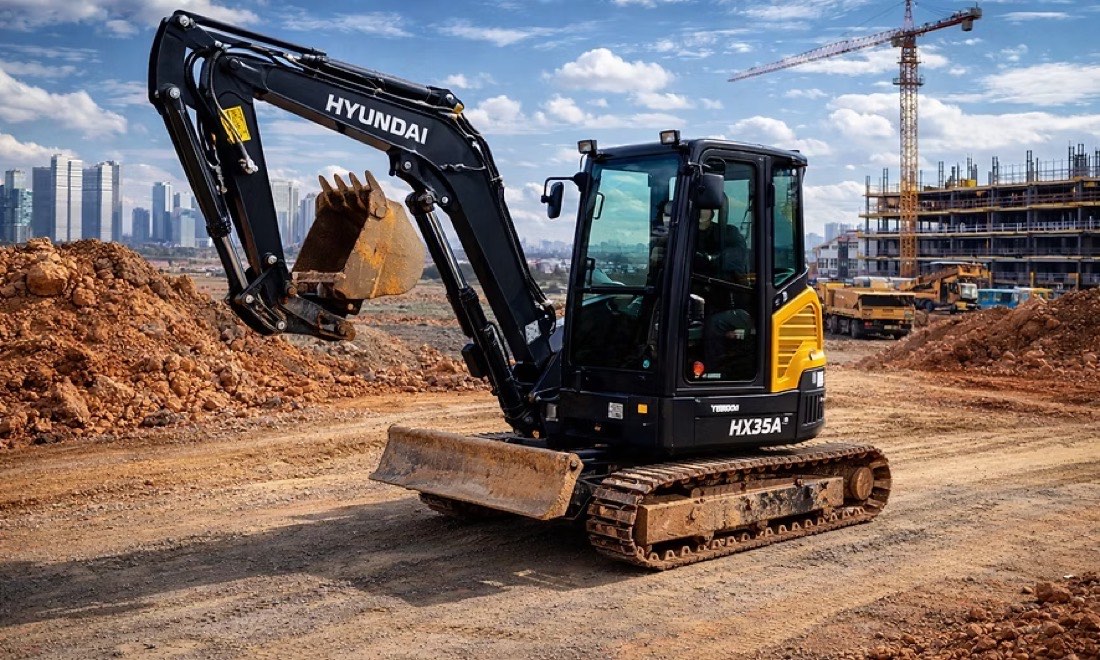 Mini escavadeira Hyundai HX35A operando em obra urbana