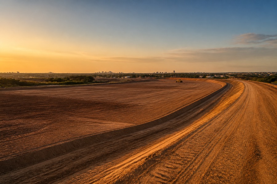 Terreno terraplanado e compactado ao pôr do sol, com platô nivelado e estrada de acesso executada